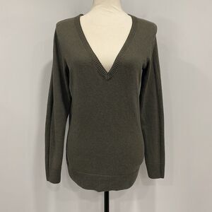 EDDIE BAUER M Y2K Olive Green V-Neck Knit Cashmere Blend Pullover Preppy Sweater
